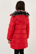 Lela Peluş Astarlı Yakası Suni Kürklü Çıkarılabilir Kapüşonlu Kışlık Kız Çocuk Mont 5766038 KIRMIZI