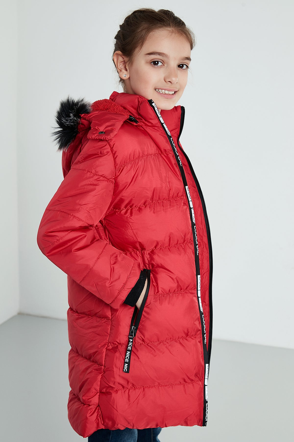 Lela Yakası Suni Kürklü Peluş Astarlı Çıkarılabilir Kapüşonlu Kışlık Kız Çocuk Mont 57690200 KIRMIZI