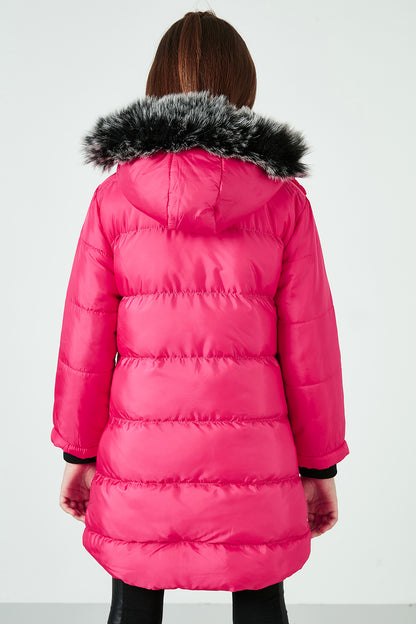 Lela Yakası Suni Kürklü Peluş Astarlı Çıkarılabilir Kapüşonlu Kışlık Kız Çocuk Mont 57690200 PEMBE