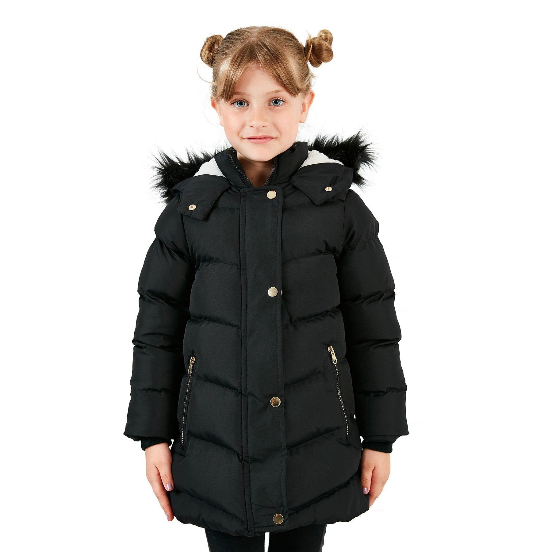 Lela Yakası Suni Kürklü Peluş Astarlı Kapüşonlu Kışlık Şişme Kız Çocuk Mont 6035018 SİYAH