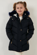 Lela Yakası Suni Kürklü Peluş Astarlı Kapüşonlu Kışlık Şişme Kız Çocuk Mont 6035018 LACİVERT