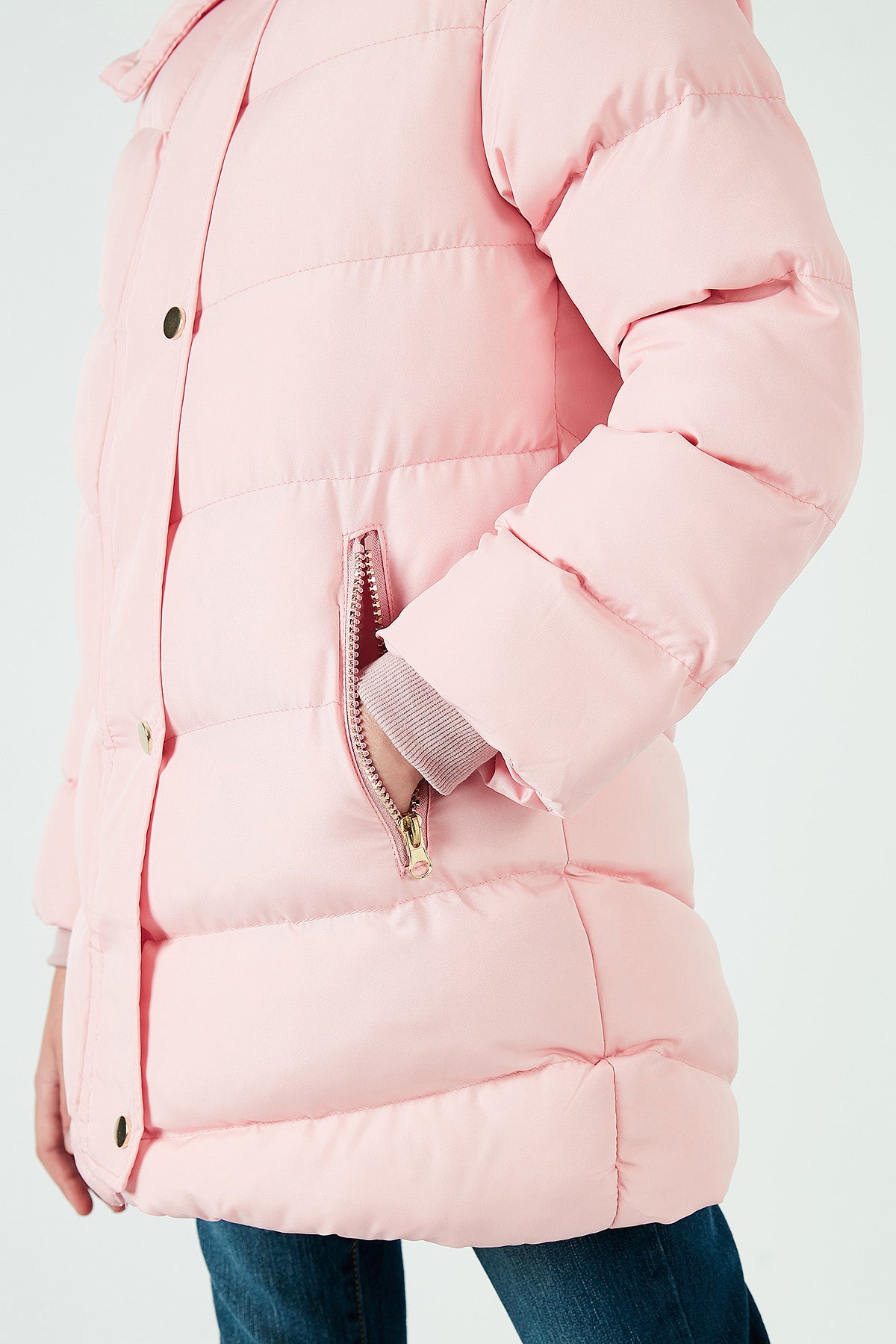 Lela Yakası Suni Kürklü Peluş Astarlı Kapüşonlu Kışlık Şişme Kız Çocuk Mont 6035018 PEMBE