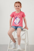 Lela Baskılı Bisiklet Yaka Pamuklu Kız Çocuk T Shirt 6211036 Açık Nar